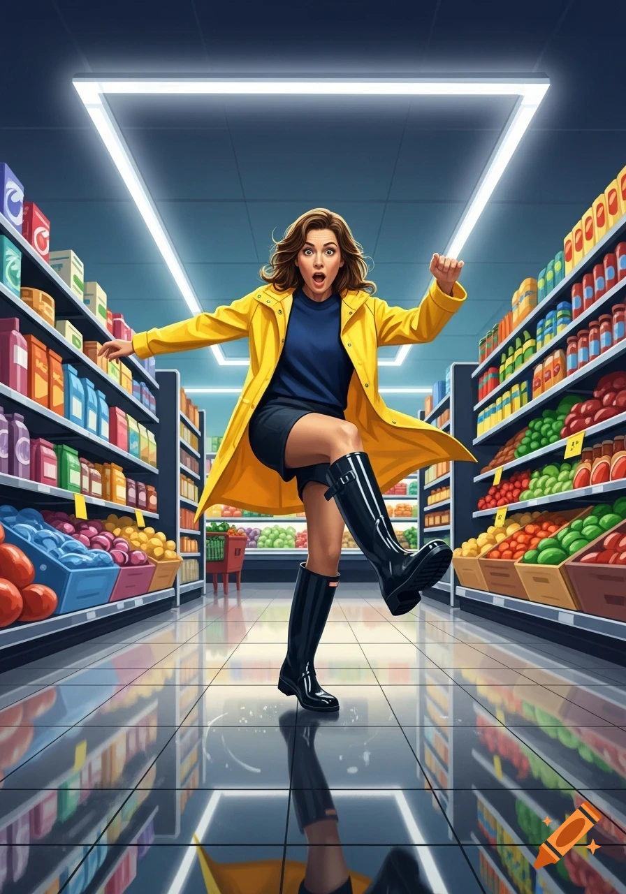 Illustrated woman in a yellow raincoat and rain boots striking a dynamic pose in a bright supermarket aisle.