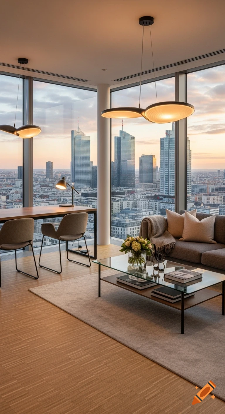 Photorealistic image of a modern office or living room with large windows offering a sunset city skyline view.