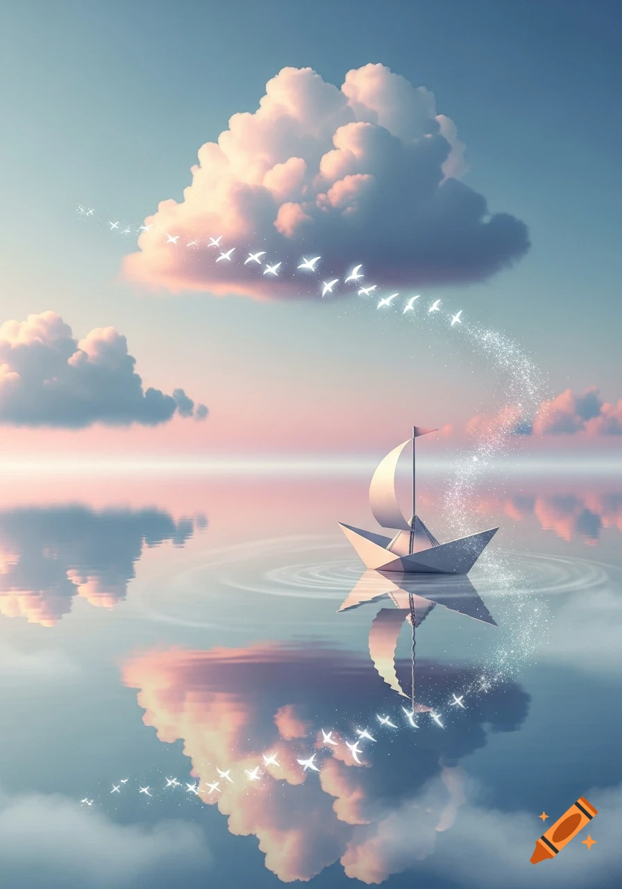 A serene, dreamlike paper boat floats on calm water reflecting a sunset sky with pink clouds, connected by a sparkling trail.