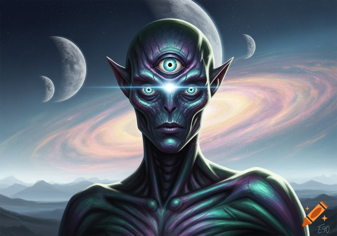 A purple and teal alien with three glowing blue eyes and pointed ears against a cosmic sky with moons and a swirling galaxy.