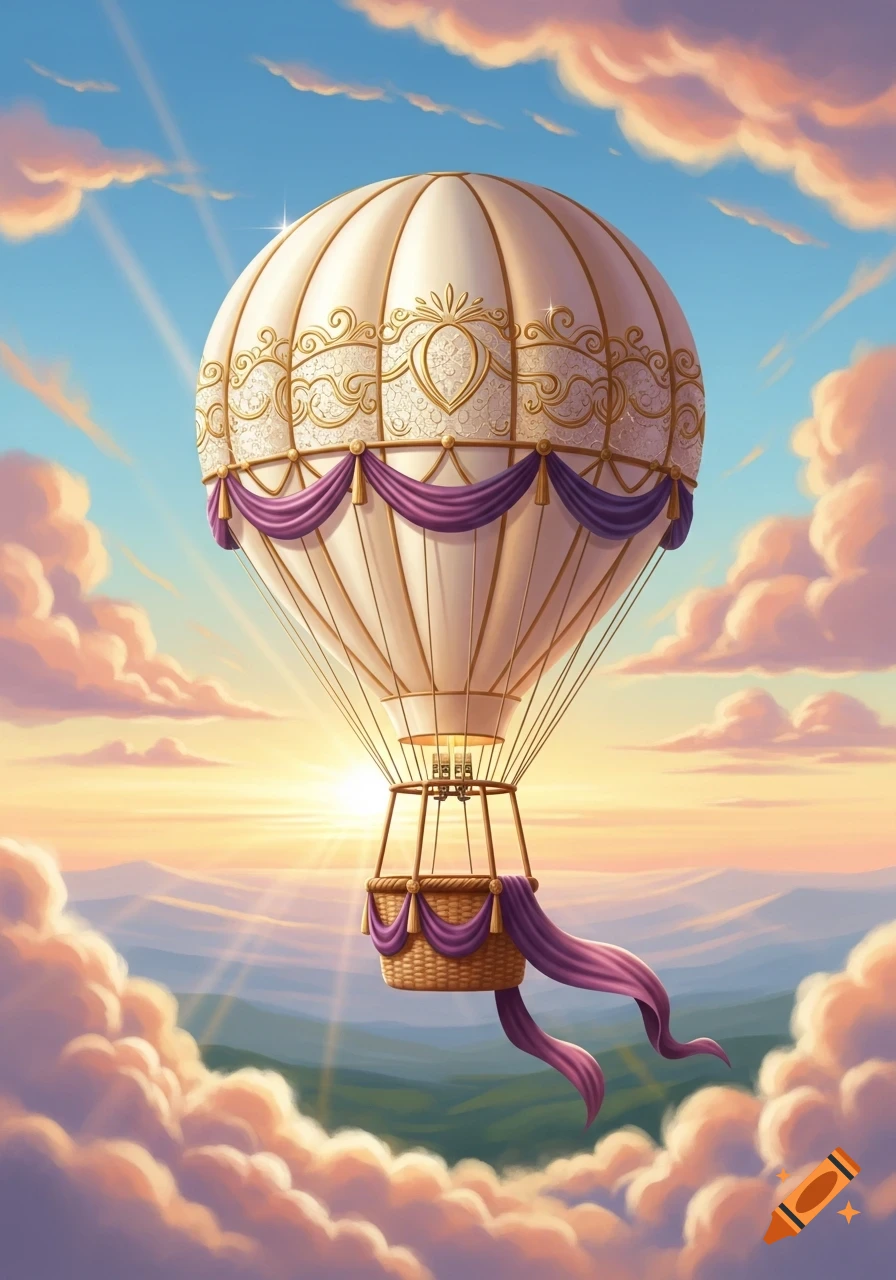 An ornate white and gold hot air balloon with purple accents floats above clouds at sunrise in a detailed illustration.