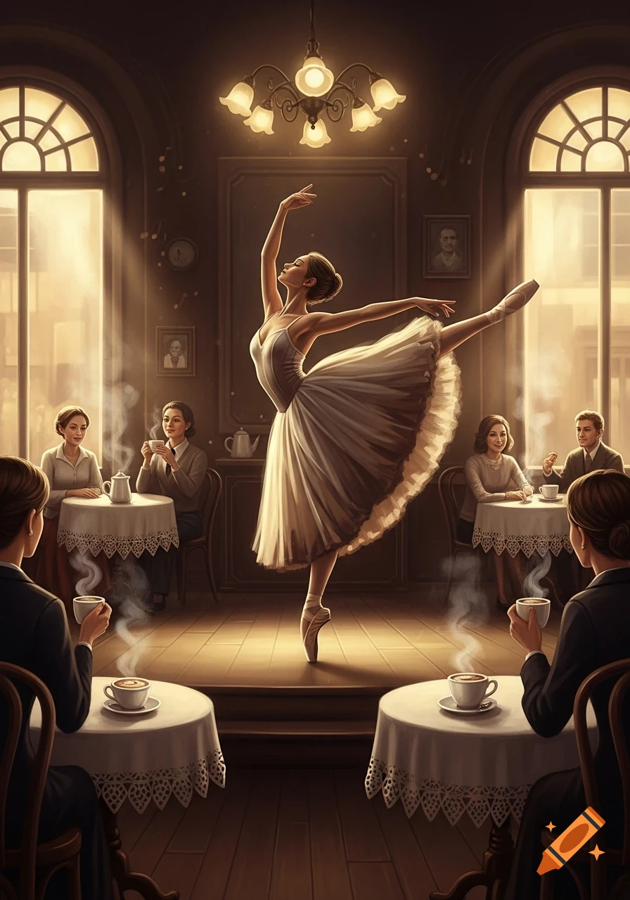 A ballerina in a white tutu performs a graceful pose en pointe on a stage in a warmly lit cafe, observed by patrons drinking coffee.