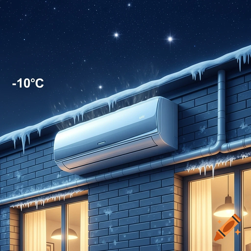 A split air conditioner unit mounted on a brick wall at night, covered in ice and icicles, with -10°C and a starry sky.