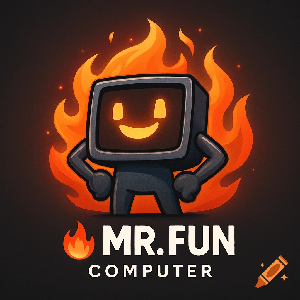 Cartoon logo of a happy computer character surrounded by flames, with 'MR. FUN COMPUTER' text.