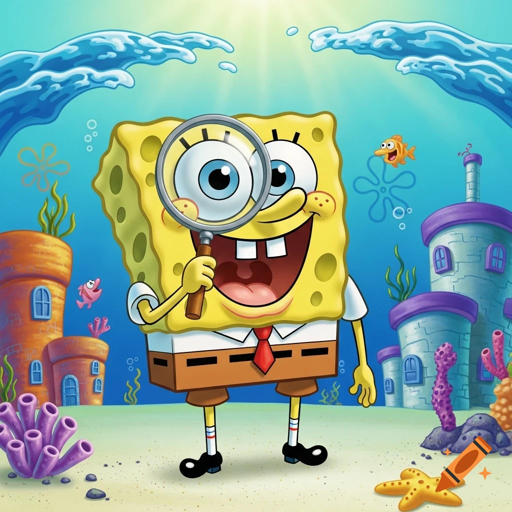 Spongebob Squarepants happily looks through a magnifying glass underwater, surrounded by coral and cartoon buildings, in a vibrant cartoon style.