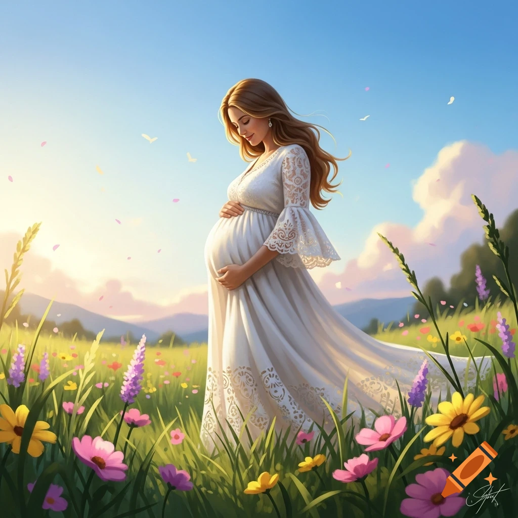 Illustrative image of a pregnant woman in a white dress gently holding her belly in a sunlit wildflower meadow.