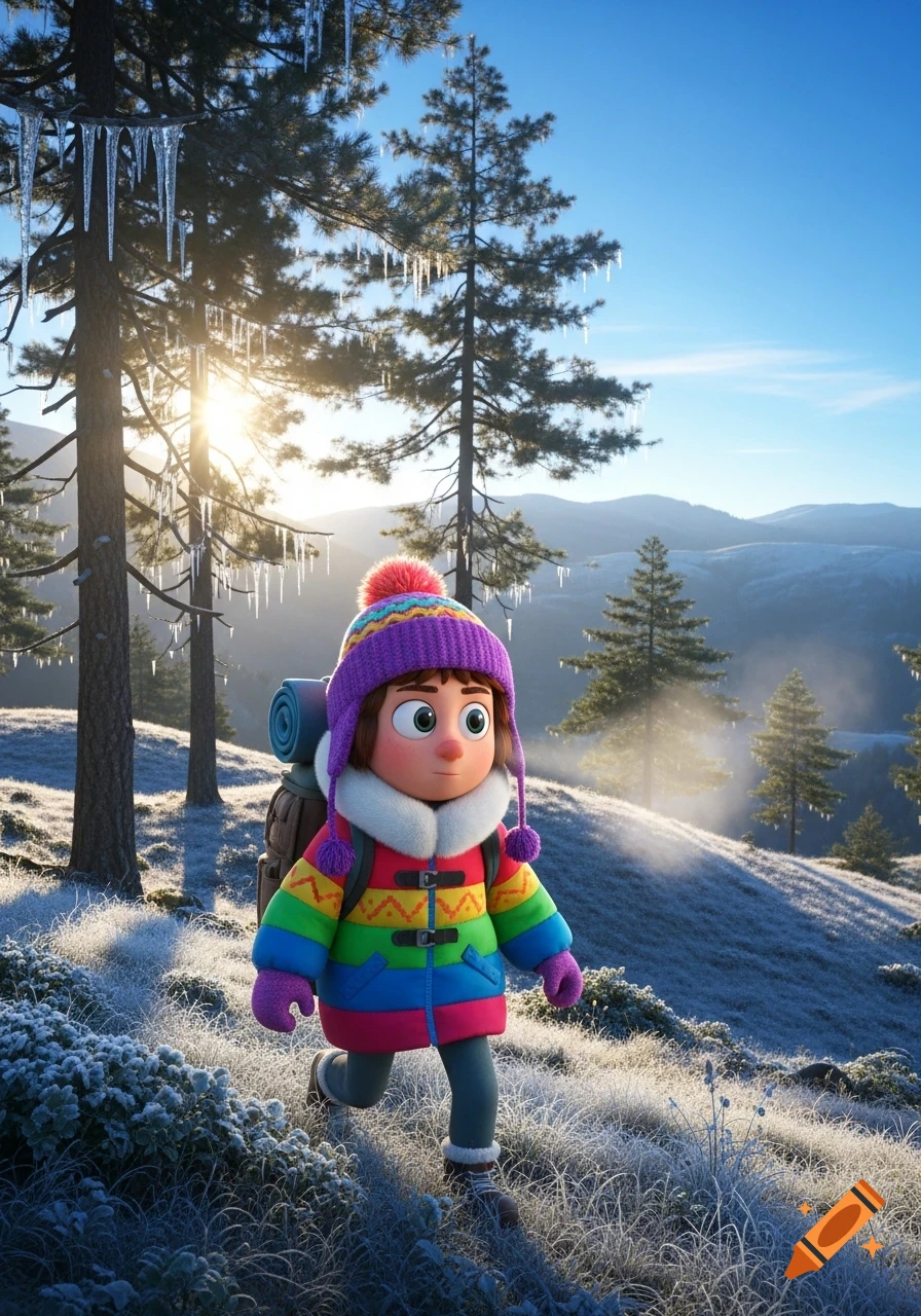 3D animated child in colorful winter gear and backpack hiking a snowy mountain path with pine trees under a sunny blue sky.