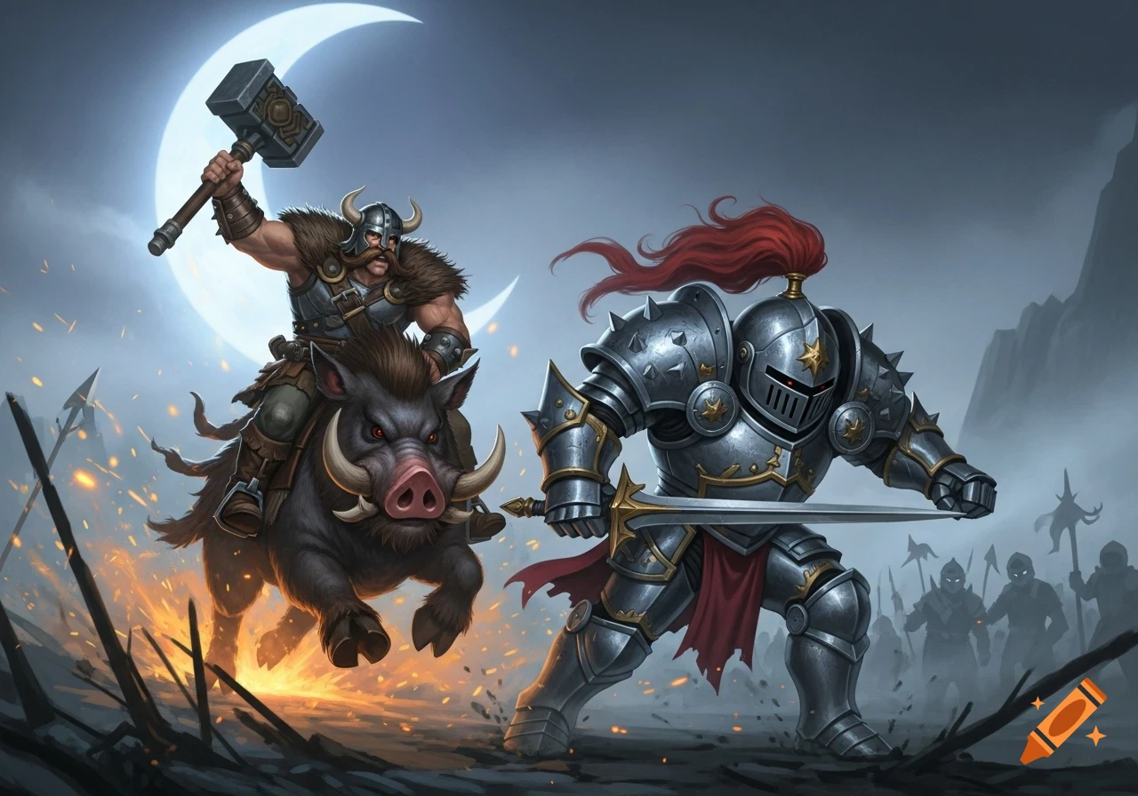 A Viking warrior riding a wild boar attacks a heavily armored knight on a fantasy battlefield under a crescent moon.