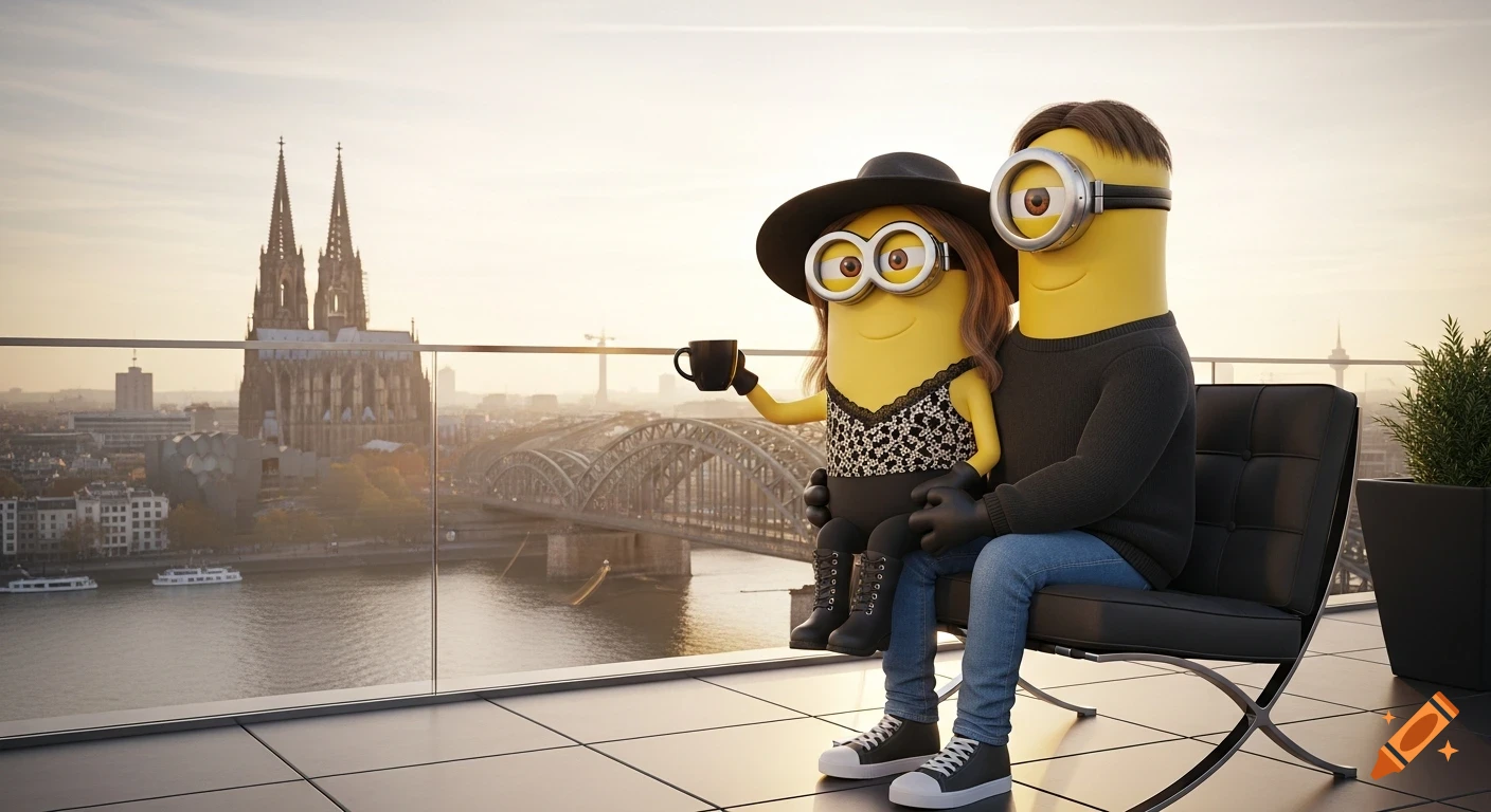 A Minion-style couple, female on male's lap, on a luxurious rooftop terrace overlooking the Cologne Cathedral, bridge, and river at sunrise.