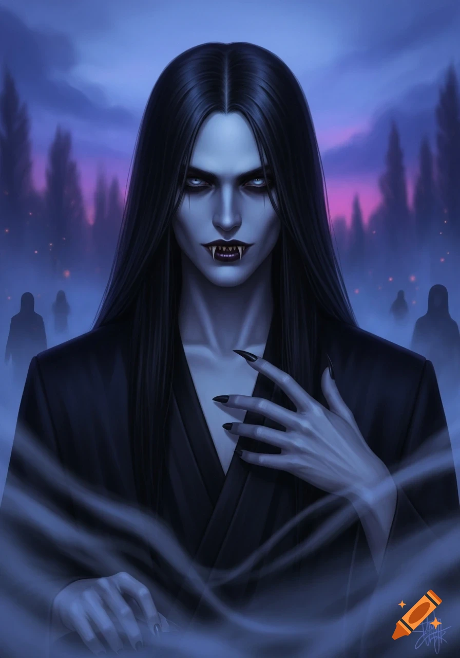 An androgynous vampire with grey skin, long black hair, fangs, and glowing eyes, wearing black, in a dark, foggy forest at night, digital painting.