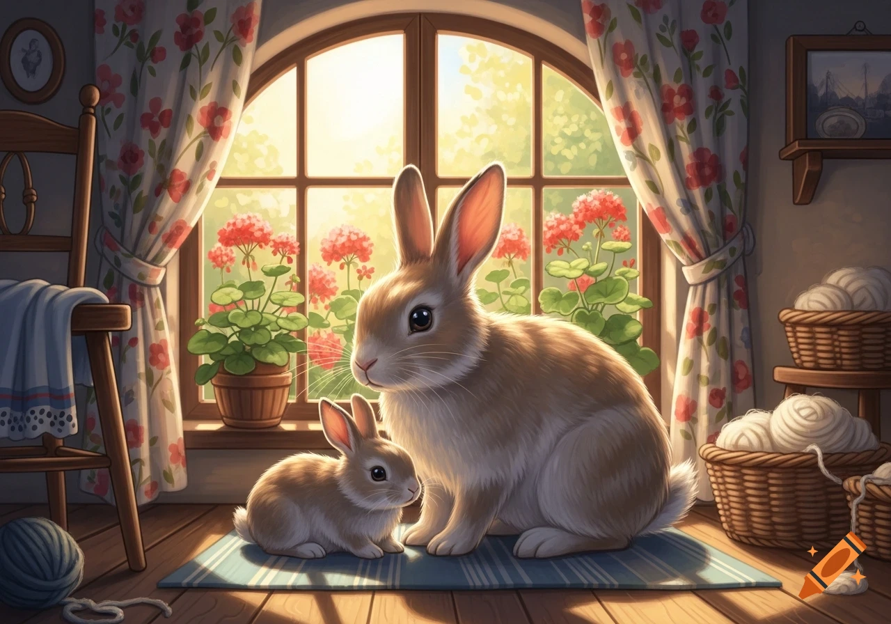 An illustration of an adult rabbit and a baby rabbit sitting on a striped rug by a sunlit arched window with floral curtains and geraniums.