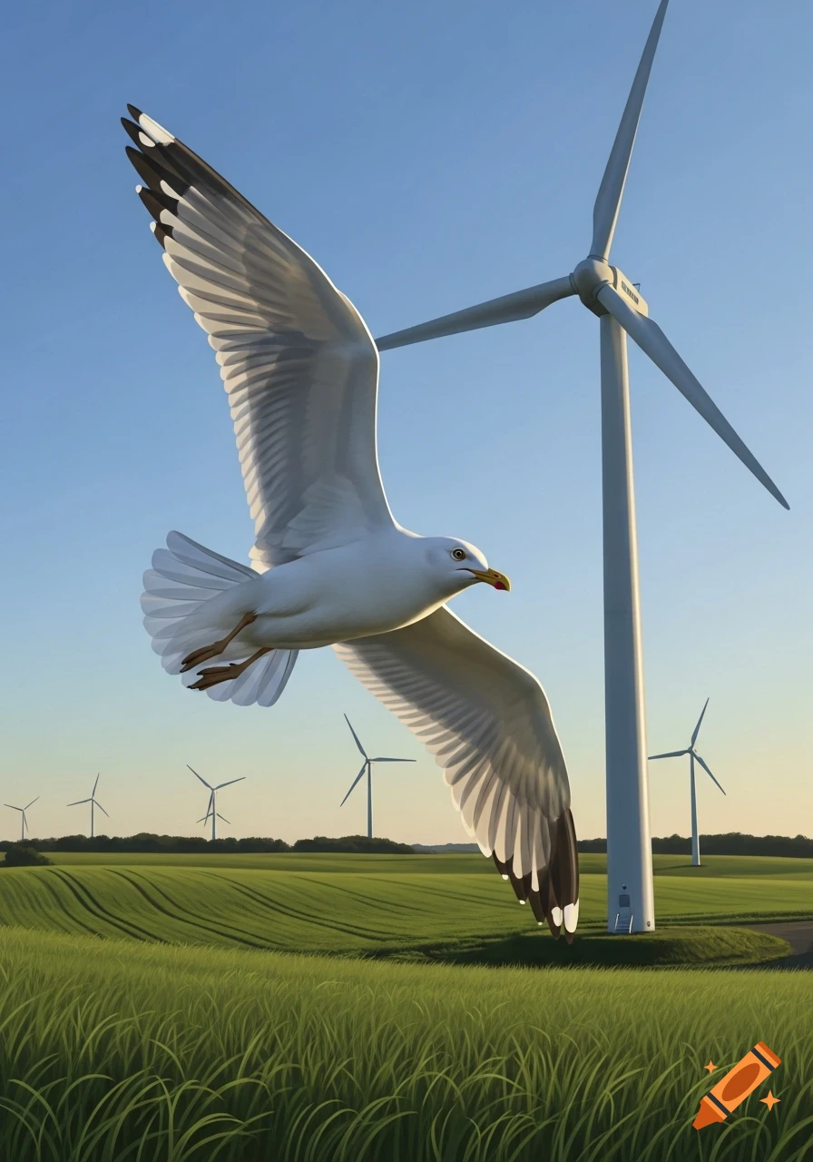 A white seagull in flight against a blue sky, soaring over green fields with multiple wind turbines.