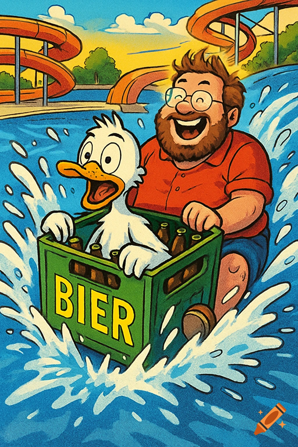 A cartoon man and duck ride a beer crate labeled "BIER" down a water slide in a lively water park.