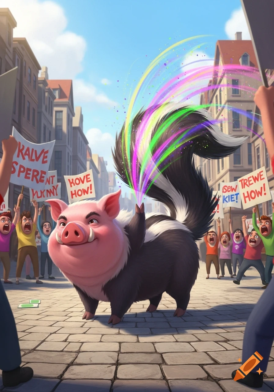 Cartoon pig-skunk sprays colorful liquid from its tail at a crowd of shouting protesters holding signs on a cobblestone street.