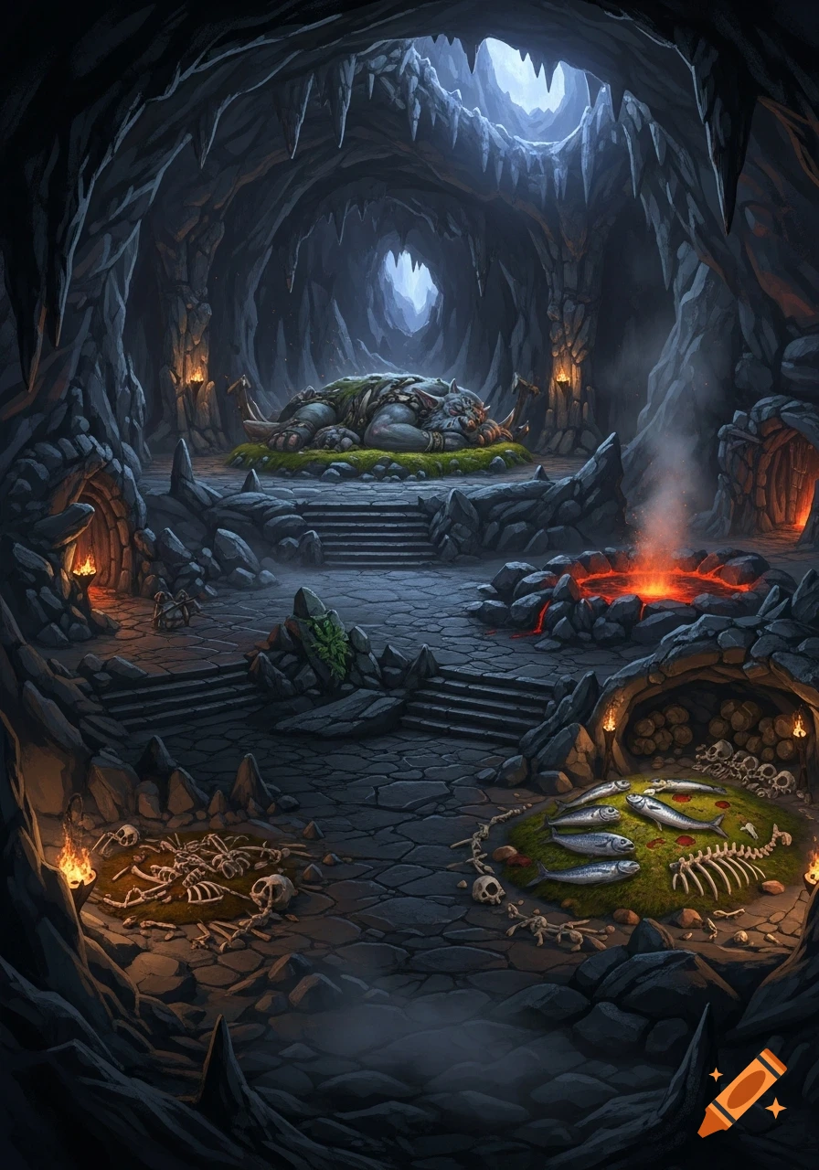 A large troll sleeps on moss in a vast, dark fantasy cave with stalactites, bones, fish, and a steaming volcanic spring.