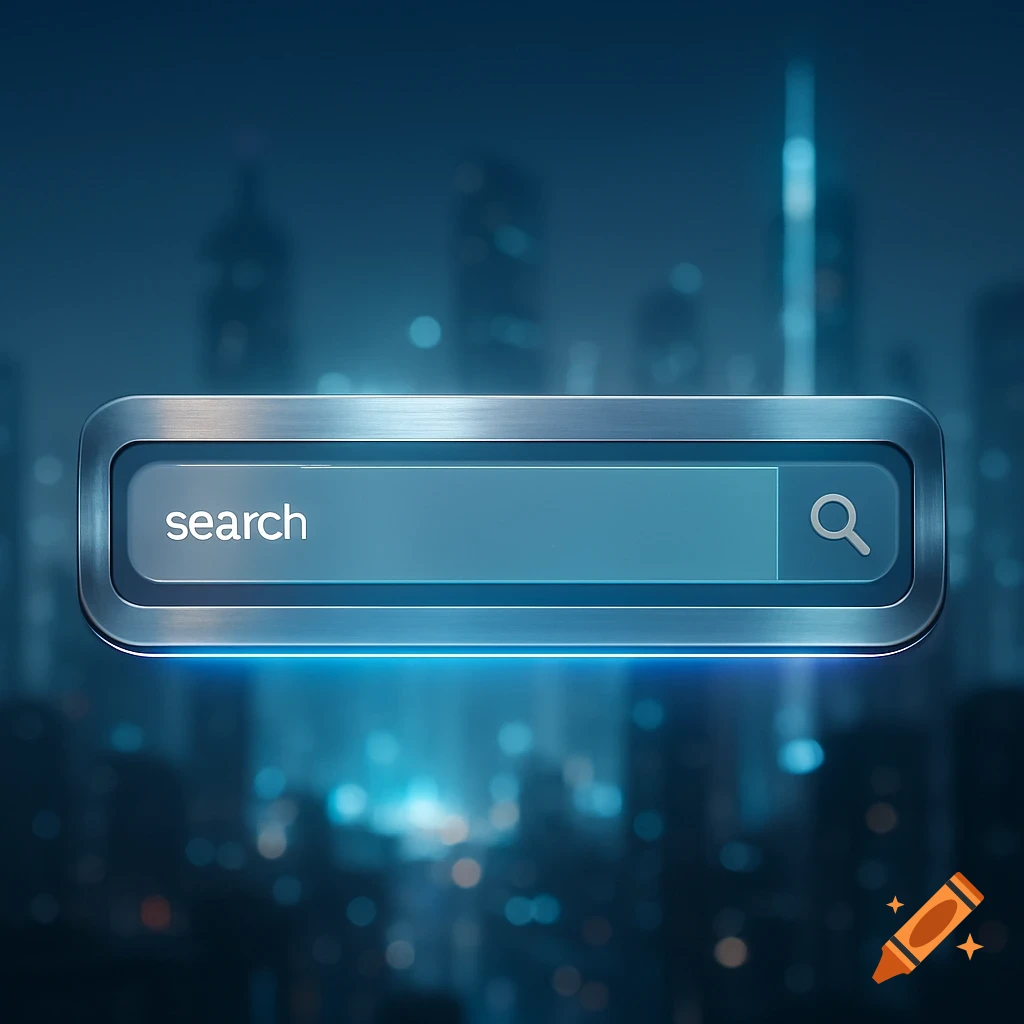 Metallic search bar with 'search' text and magnifying glass icon glowing over a blurred futuristic city.