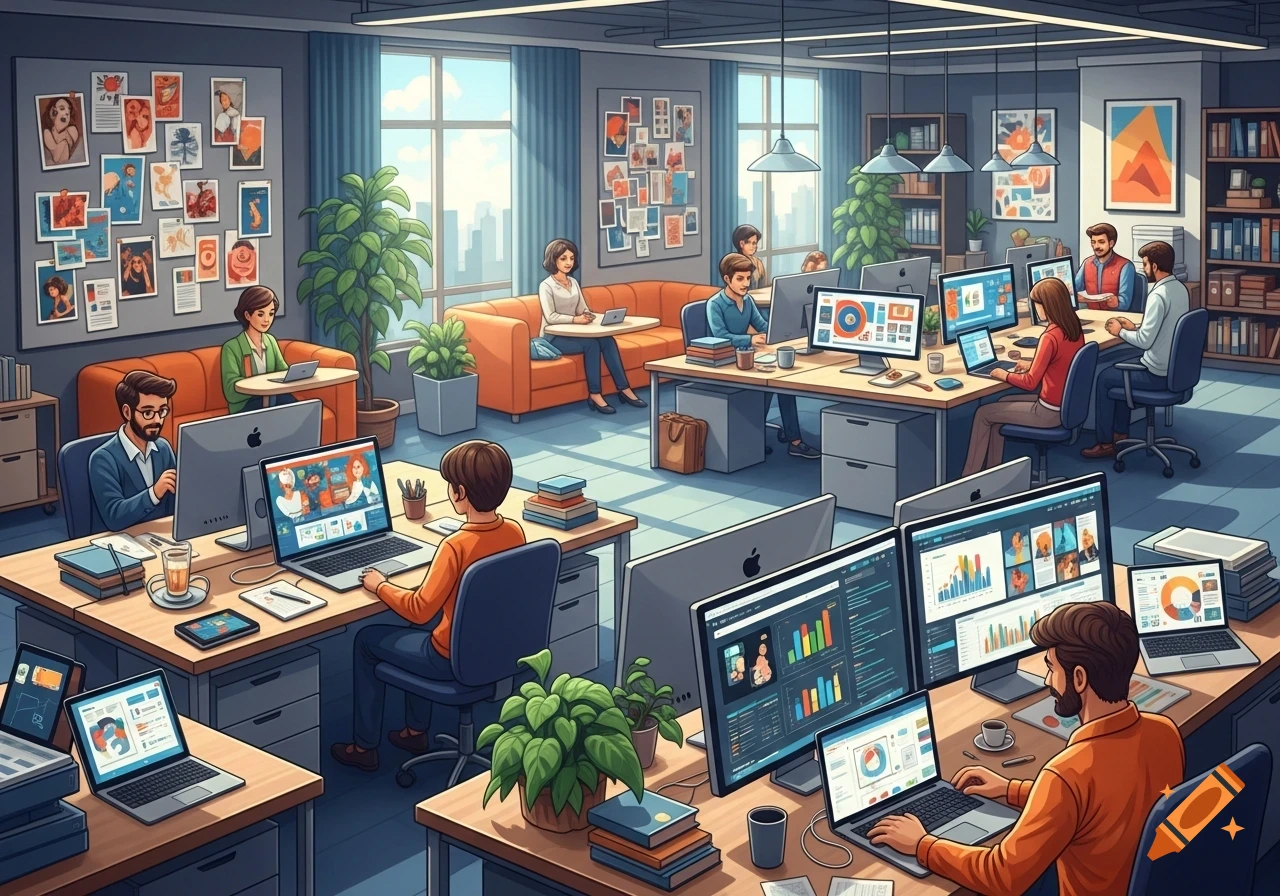 An isometric cartoon illustration of a bustling open-plan office with employees working at computers and collaborative spaces.