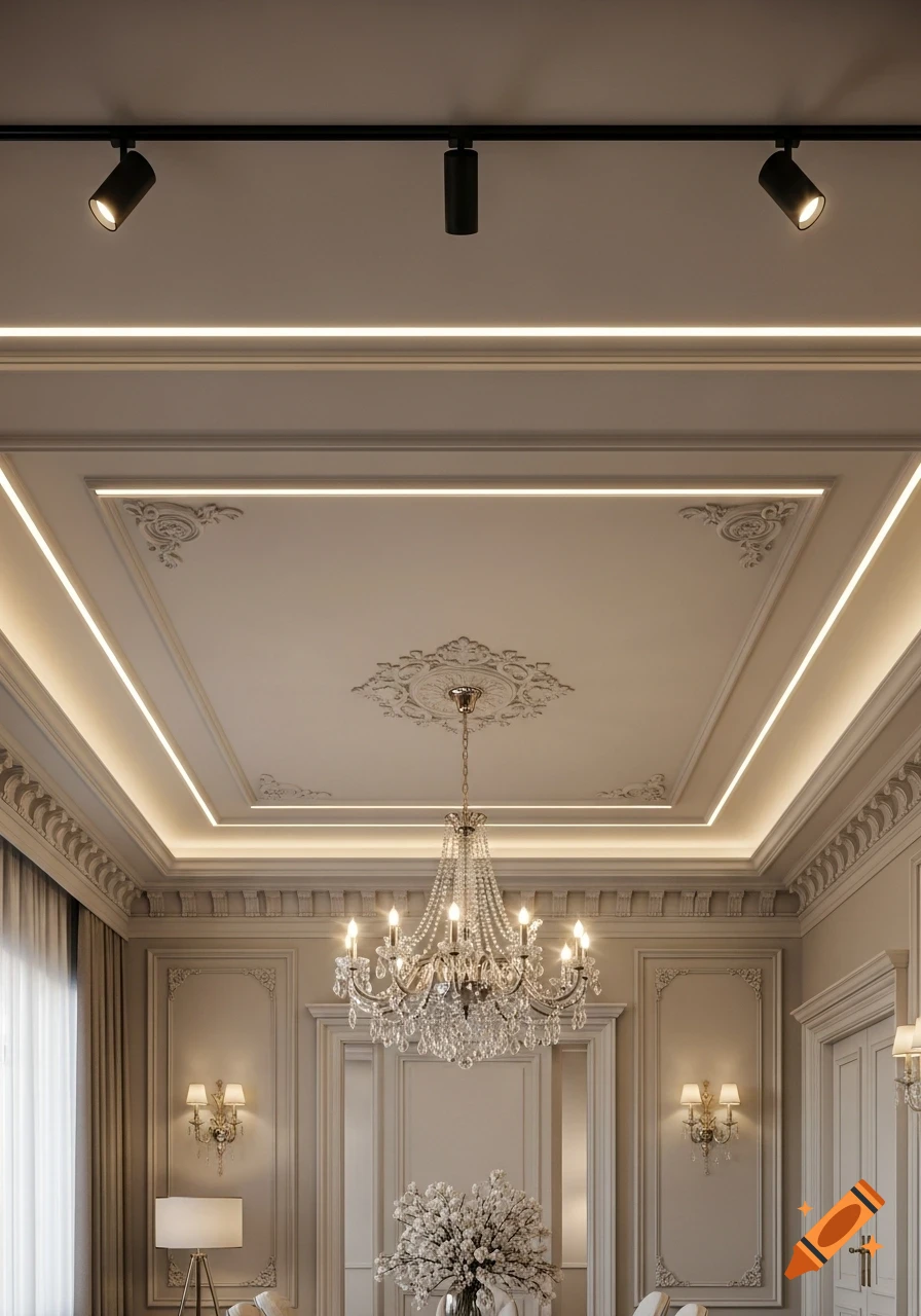 A luxurious interior ceiling featuring ornate moldings, a crystal chandelier, and modern recessed LED lighting with track spotlights.
