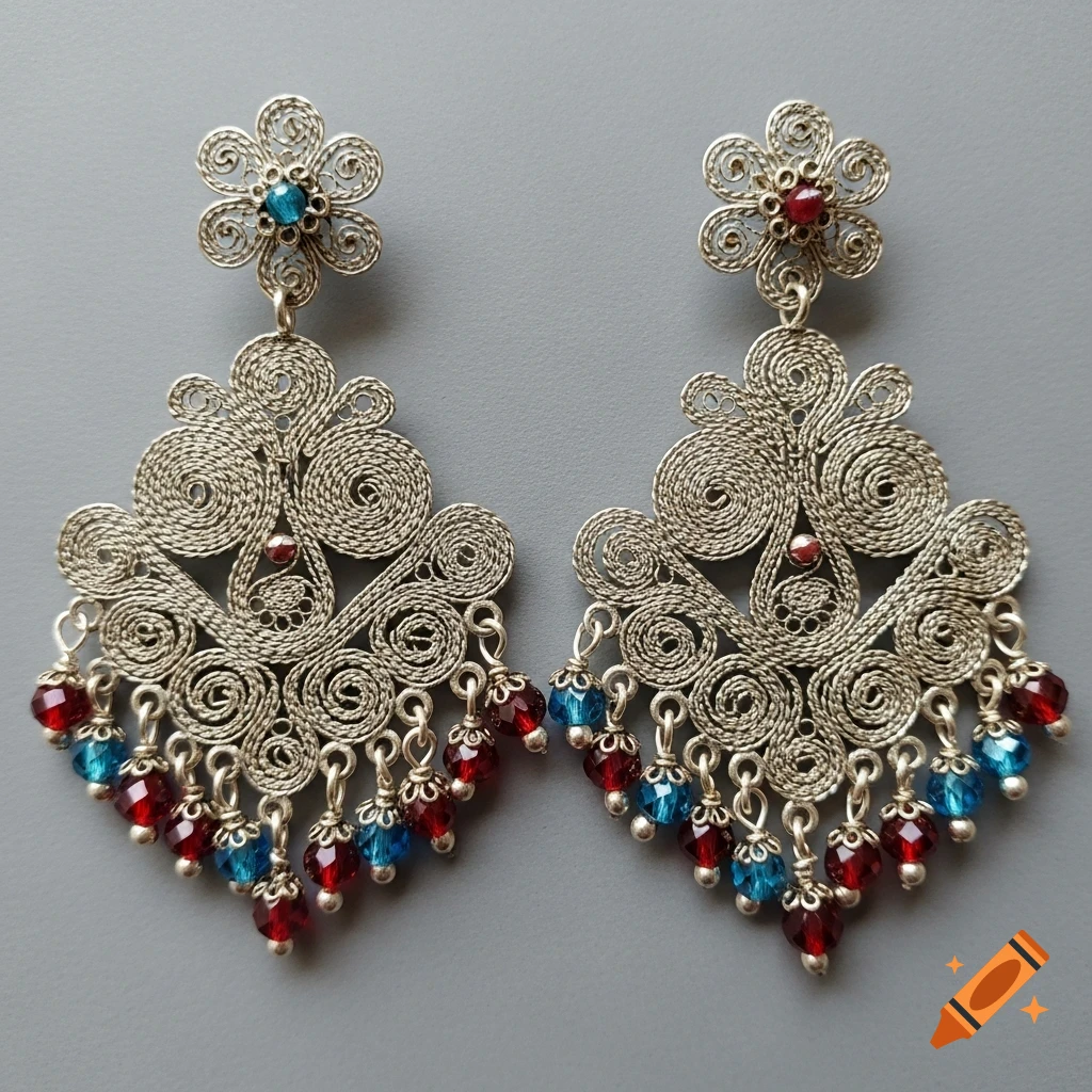 Two ornate silver filigree earrings with intricate floral and spiral patterns, adorned with dangling red and blue glass beads against a grey background.