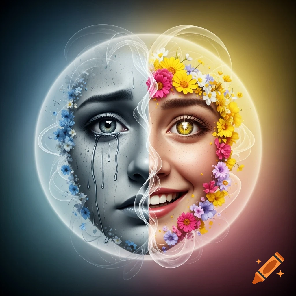 A symbolic digital art portrait of a woman's face split in half; one side grayscale and crying with blue flowers, the other colorful and smiling with vibrant flowers.