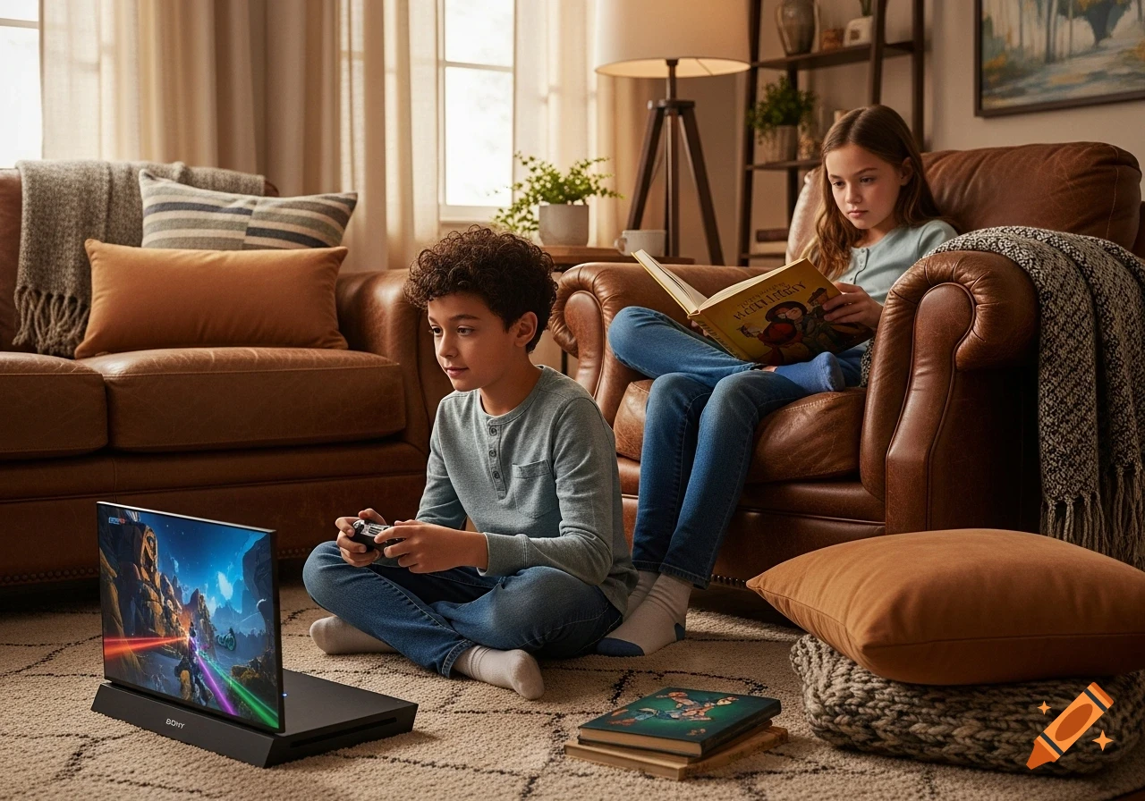 A boy plays a video game on a portable screen on the floor, while a girl reads a book in a leather armchair in a cozy living room.