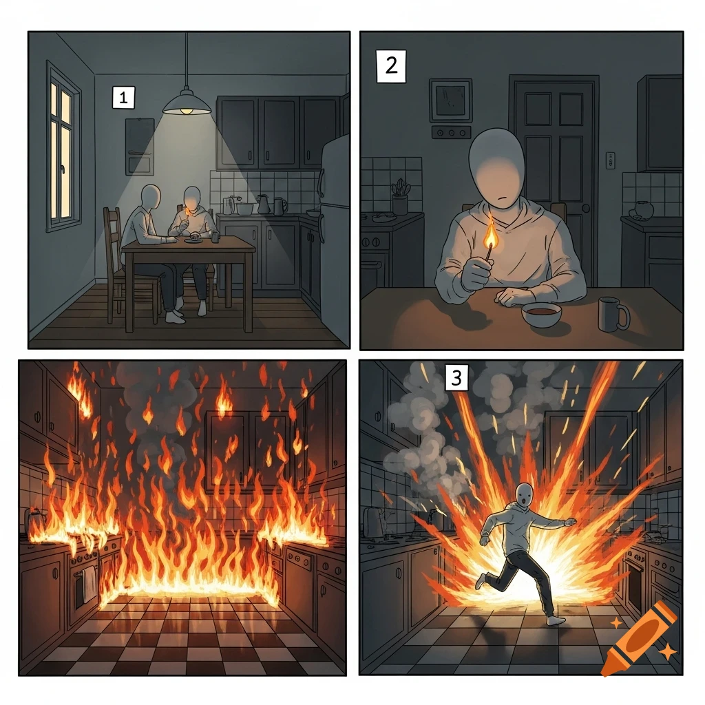 A four-panel comic showing a faceless person lighting a match in a kitchen, which then explodes in flames, making the person run in panic.