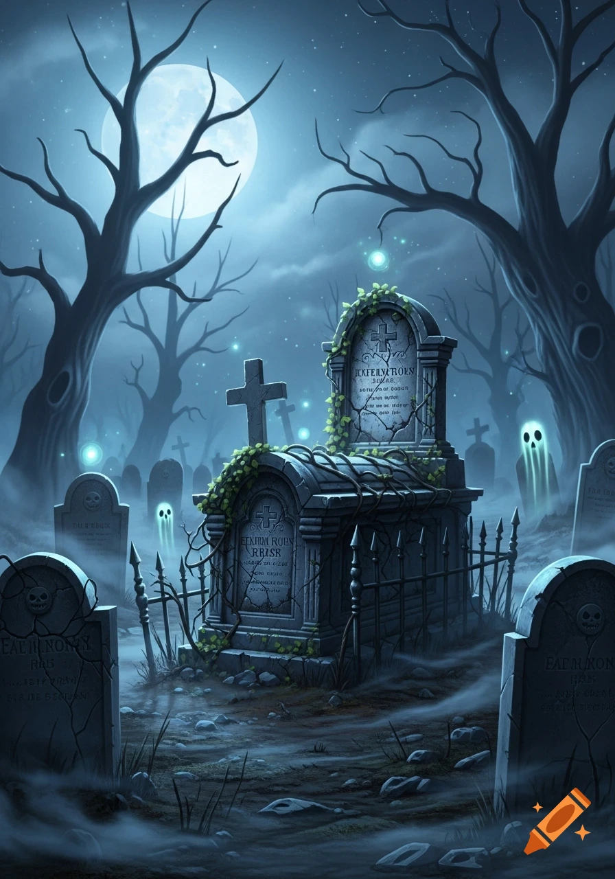 A spooky graveyard scene at night with a full moon, bare trees, glowing ghosts, and moss-covered gravestones.