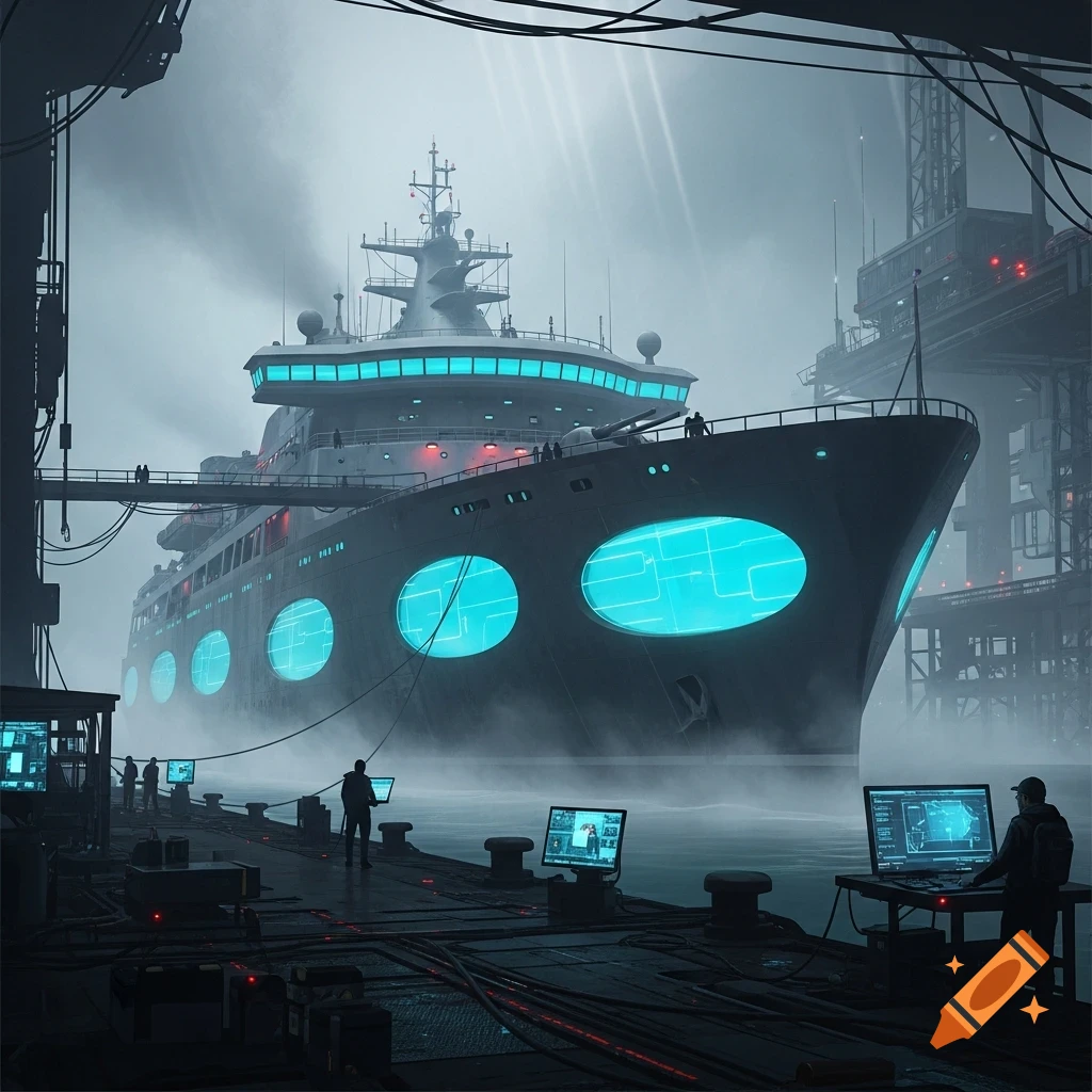 A large futuristic dark ship with glowing neon-blue oval windows docked at a foggy, industrial pier, with figures and tech displays.