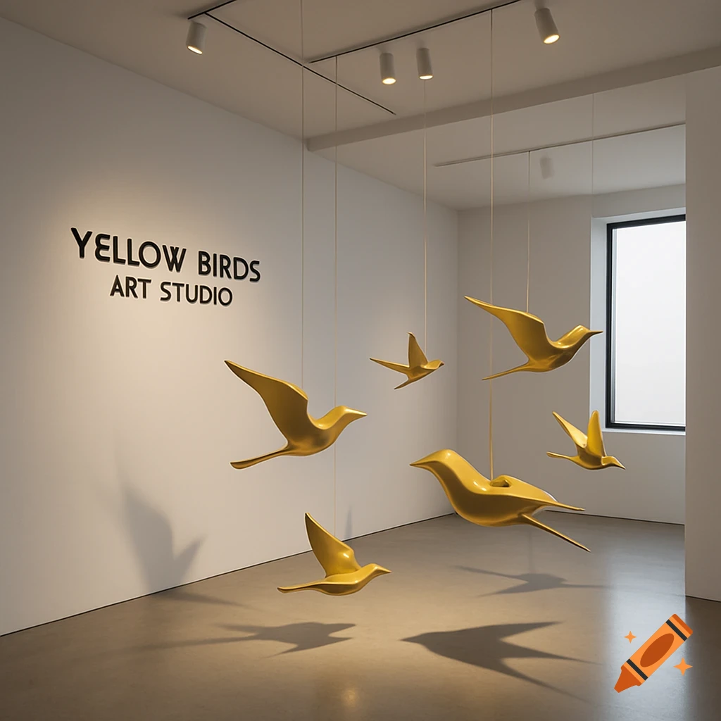 A minimalist art gallery with golden bird sculptures suspended from the ceiling and 'YELLOW BIRDS ART STUDIO' on the wall.