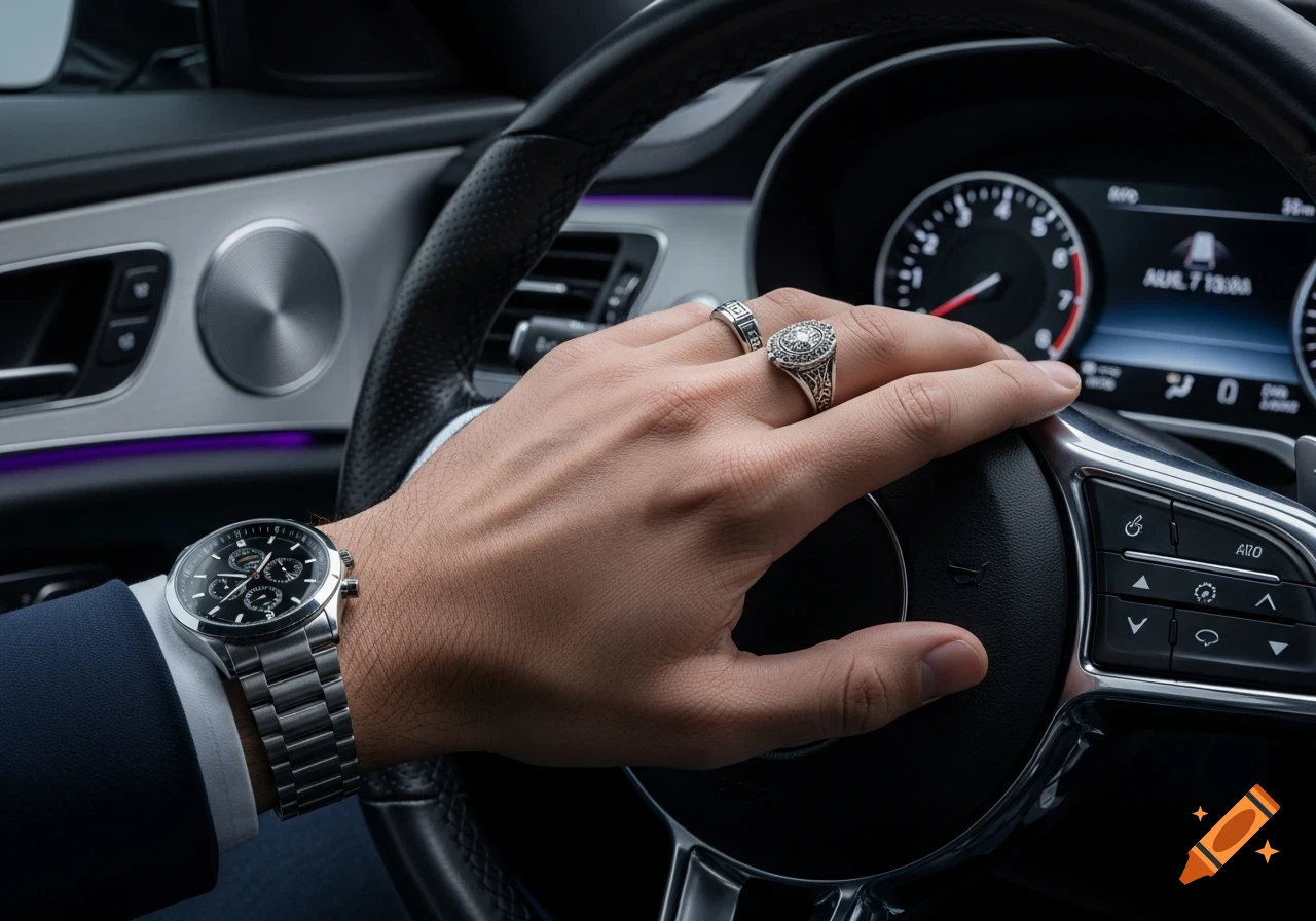 A person's hand wearing a watch and rings rests on a car steering wheel, with the dashboard visible.