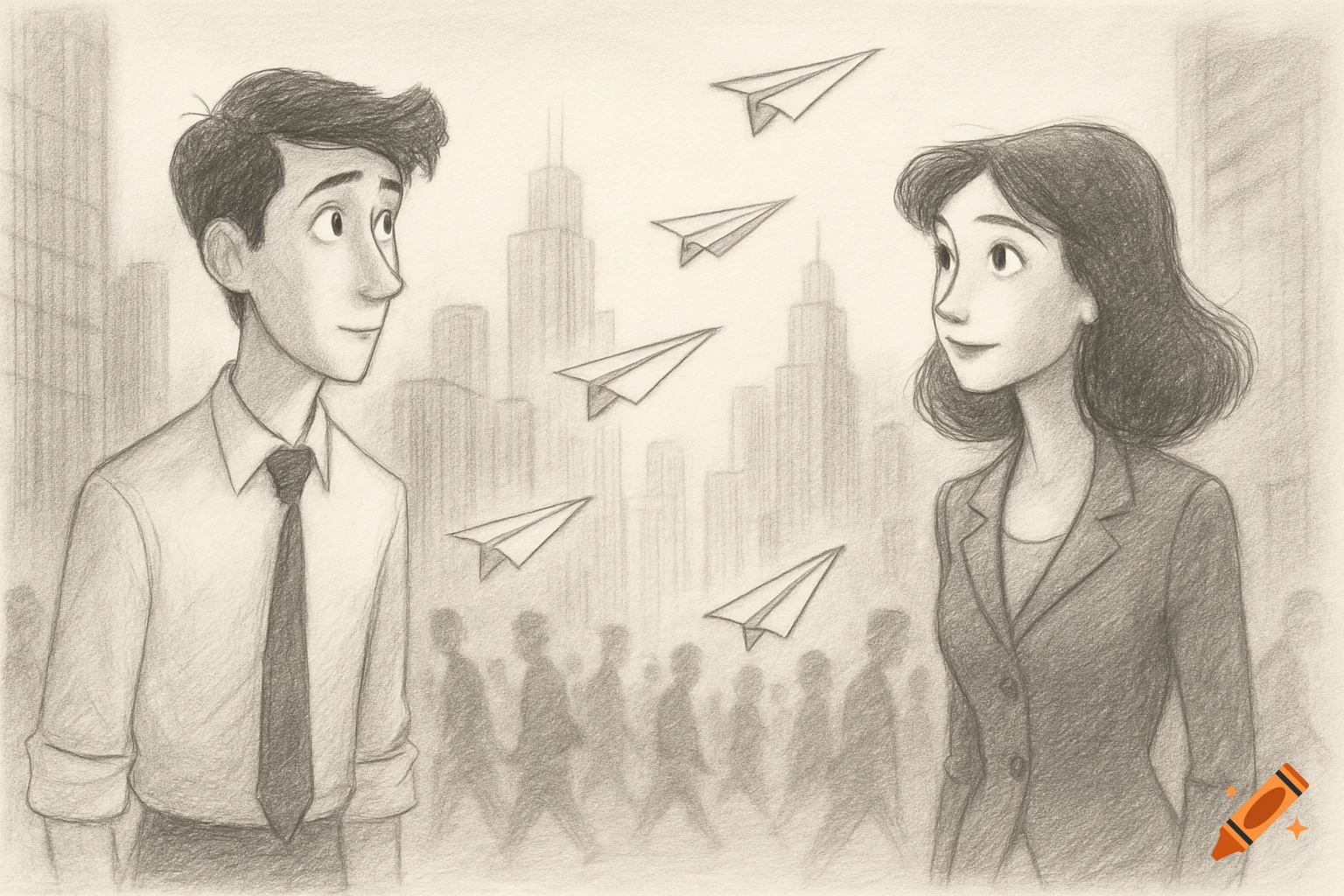 Pencil sketch of a man and woman looking at each other, with paper airplanes flying between them against a city and crowd background.