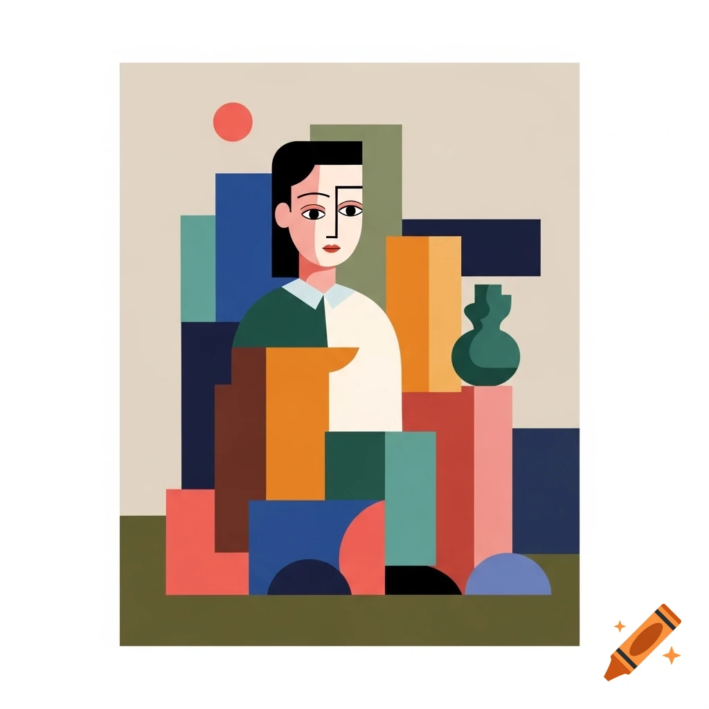Cubist portrait of a person with black hair and a white and green shirt, composed of geometric shapes in blue, orange, red, and teal against a beige background.