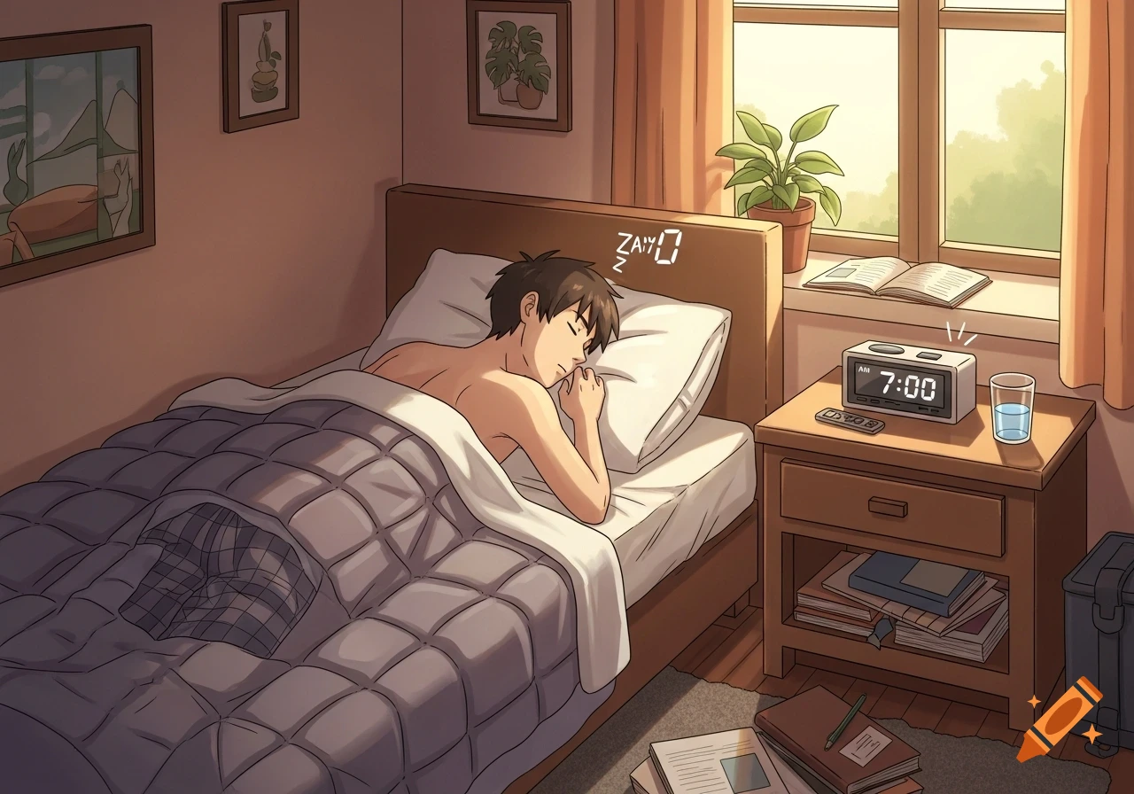 An anime-style image of a young man sleeping in bed with a digital alarm clock on his nightstand reading 7:00 AM.