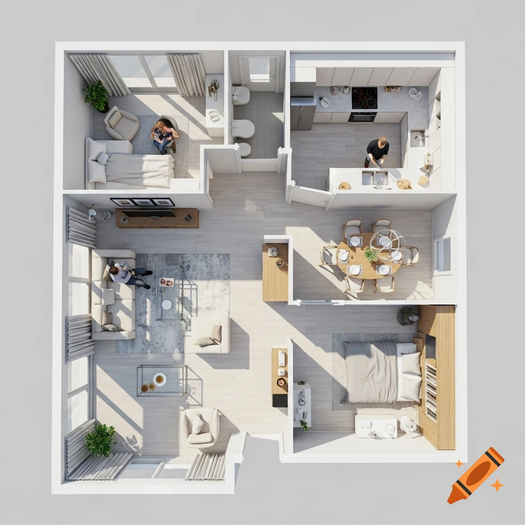 3D bird's eye view of a modern furnished apartment floor plan featuring living room, kitchen, bedrooms, and stylized people.