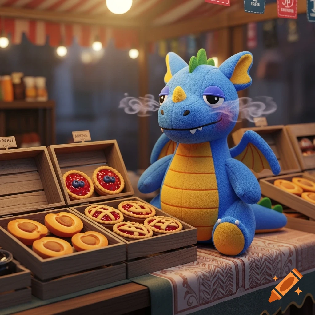 A blue and orange plush dragon with a hazy expression stands by a market stall filled with various fruit pies and pastries.