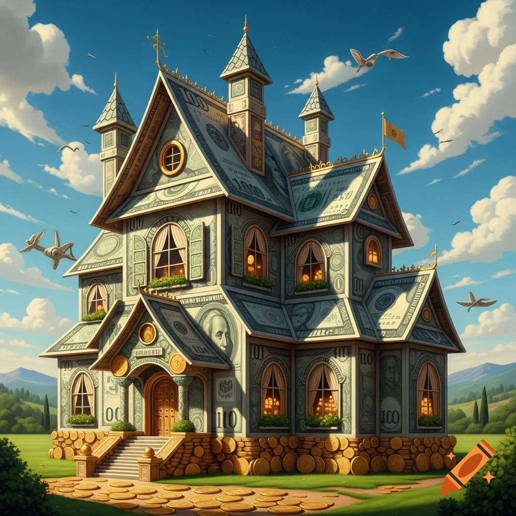 A whimsical mansion-like house is constructed entirely from one hundred dollar bills, with gold coins scattered on the path and around the foundation, under a bright blue sky with clouds and birds.