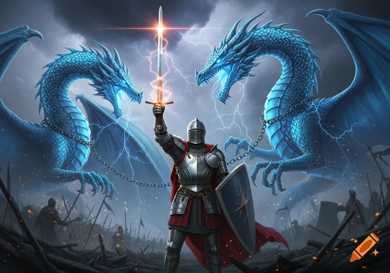 A knight in shining armor raises a glowing sword against two chained blue dragons, amidst a stormy sky and a battlefield.