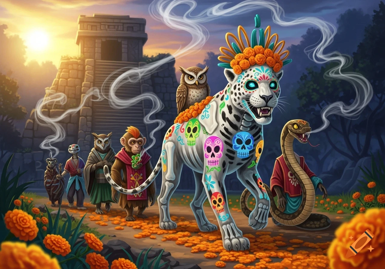 Stylized parade of fantasy animals including a jaguar with sugar skull markings, an owl, and a snake, walking past ancient ruins at sunset amidst marigolds.