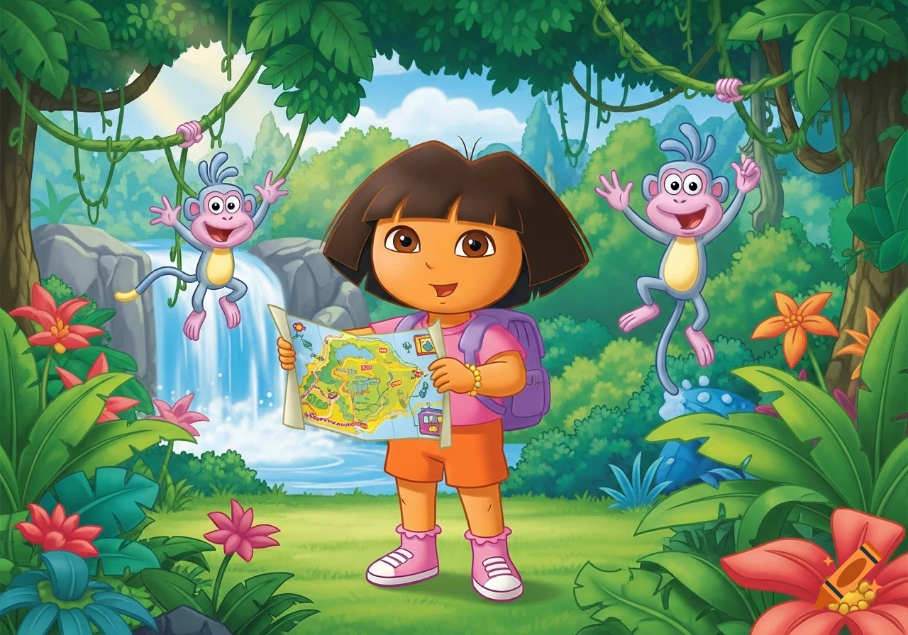 Cartoon Dora the Explorer with a backpack holding a map, flanked by two monkeys, in a vibrant jungle with a waterfall.