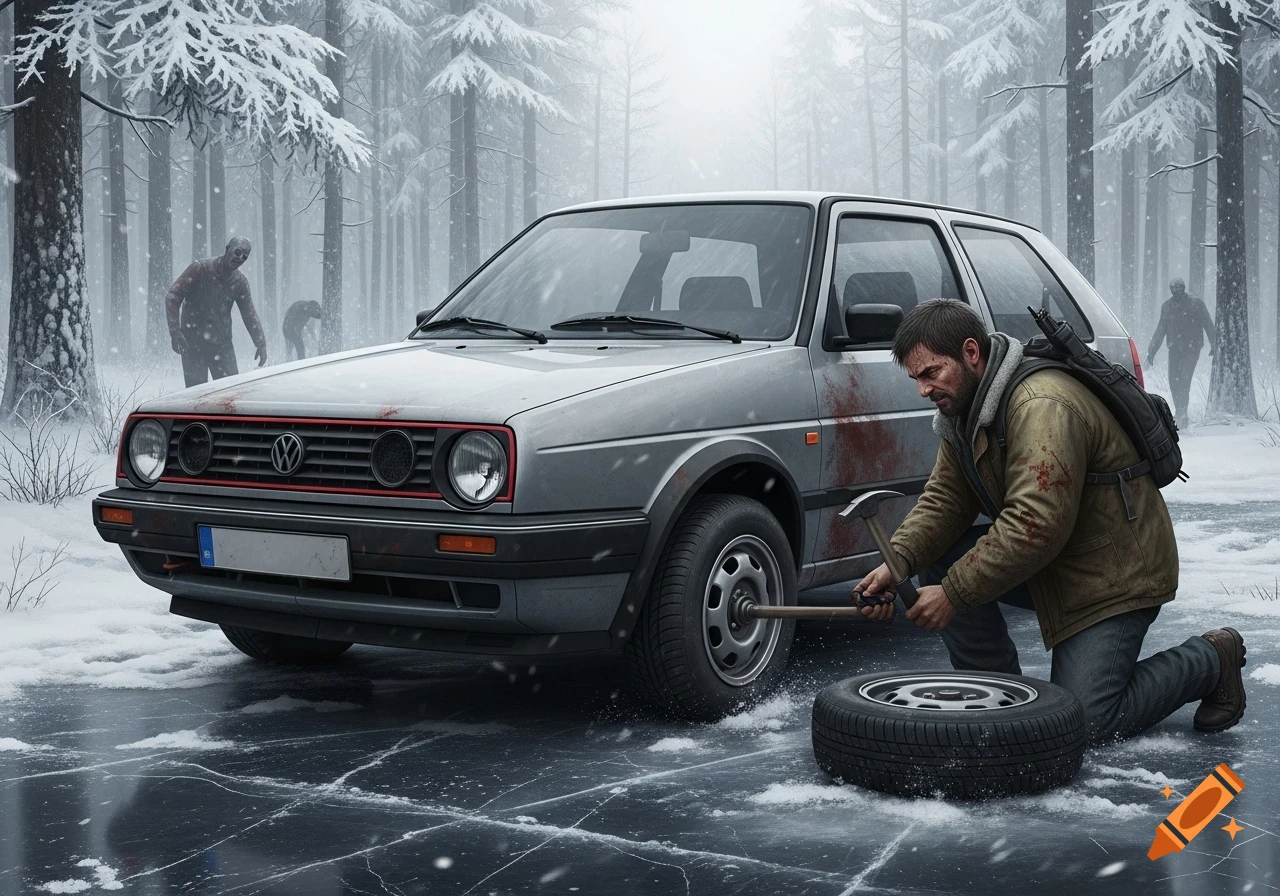 A man changes a car tire in a snowy forest while zombies approach, in a realistic, low-saturation style.