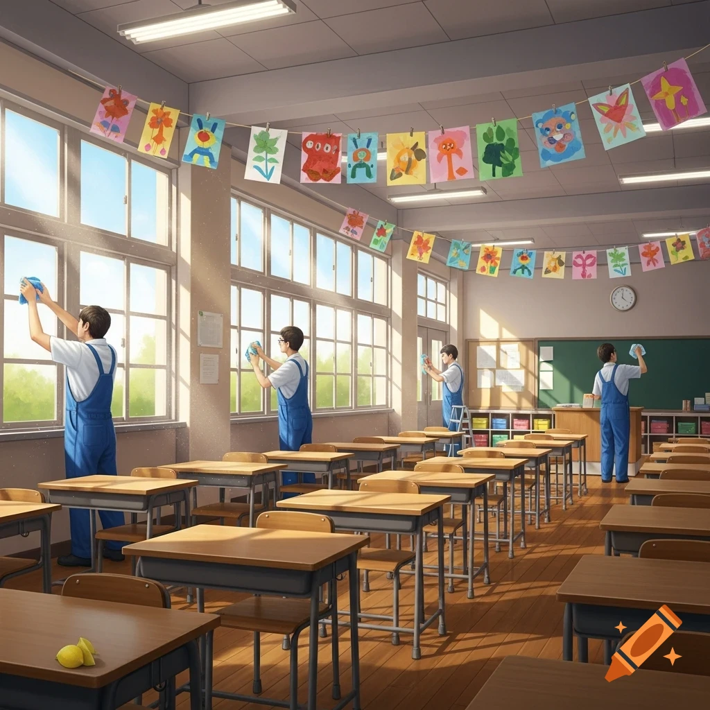 Anime-style workers clean windows and a blackboard in a sunlit classroom filled with desks.