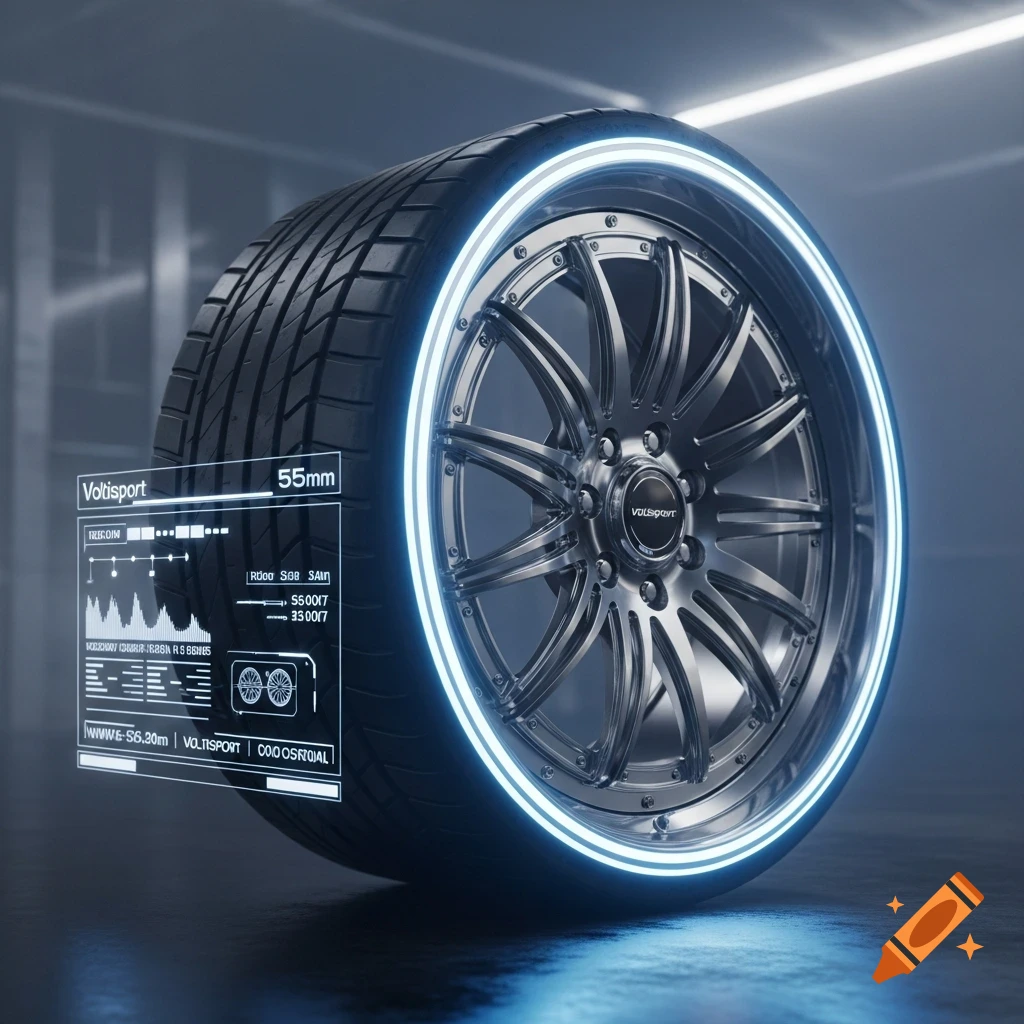 A close-up of a dark metallic car tire and rim with a bright blue neon glow around its circumference. A holographic display floats beside it, showing technical specifications and graphs.