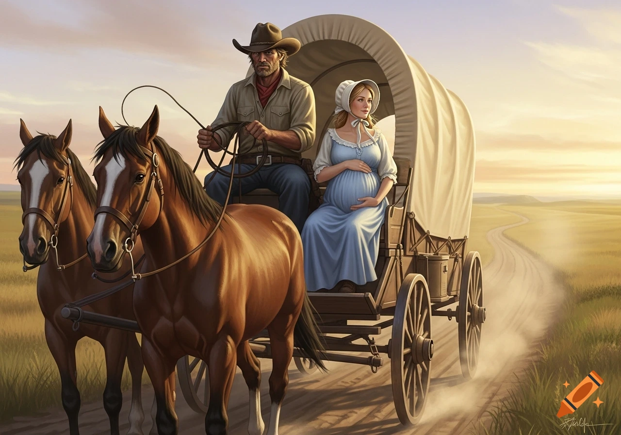 A cowboy and his pregnant wife in a blue dress and white bonnet ride a horse-drawn covered wagon across a grassy plain at sunset.