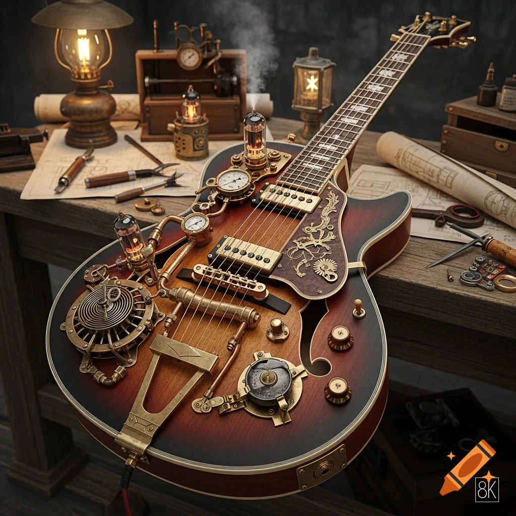 Intricate steampunk guitar with gears and glowing tubes on a wooden workbench in a vintage workshop.