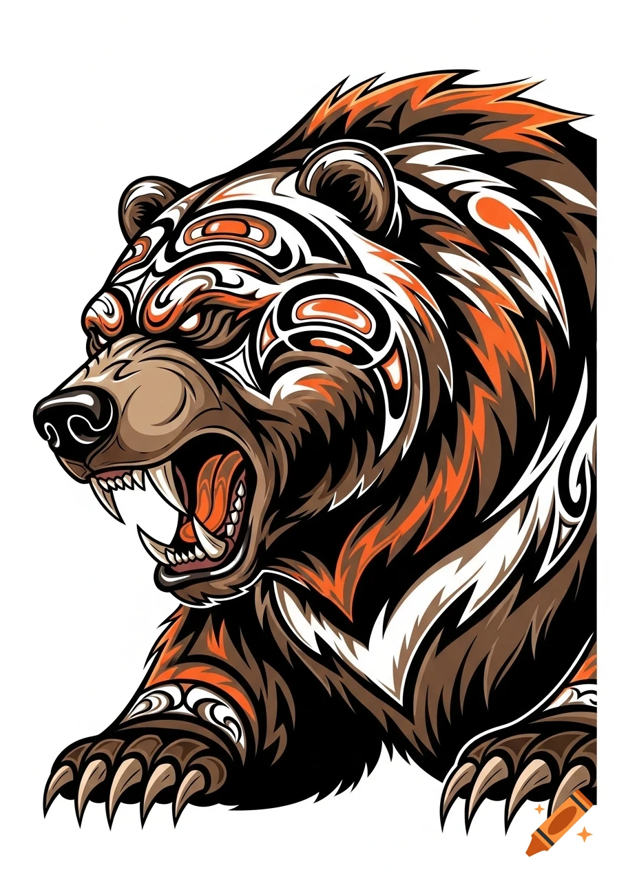Stylized tribal art illustration of an angry bear roaring, with white, orange, brown, and black patterns.