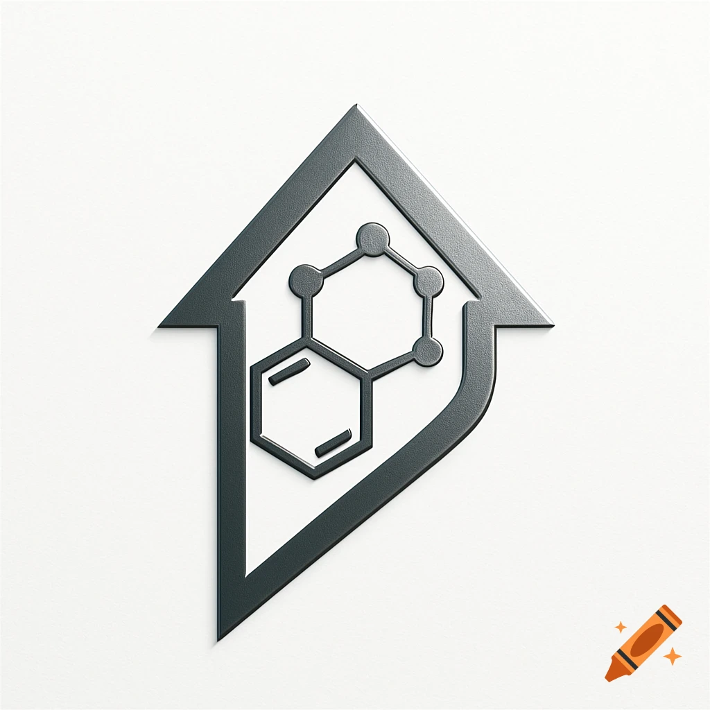 A dark grey logo with an upward arrow encasing two interconnected hexagonal chemical structures, on a white background.