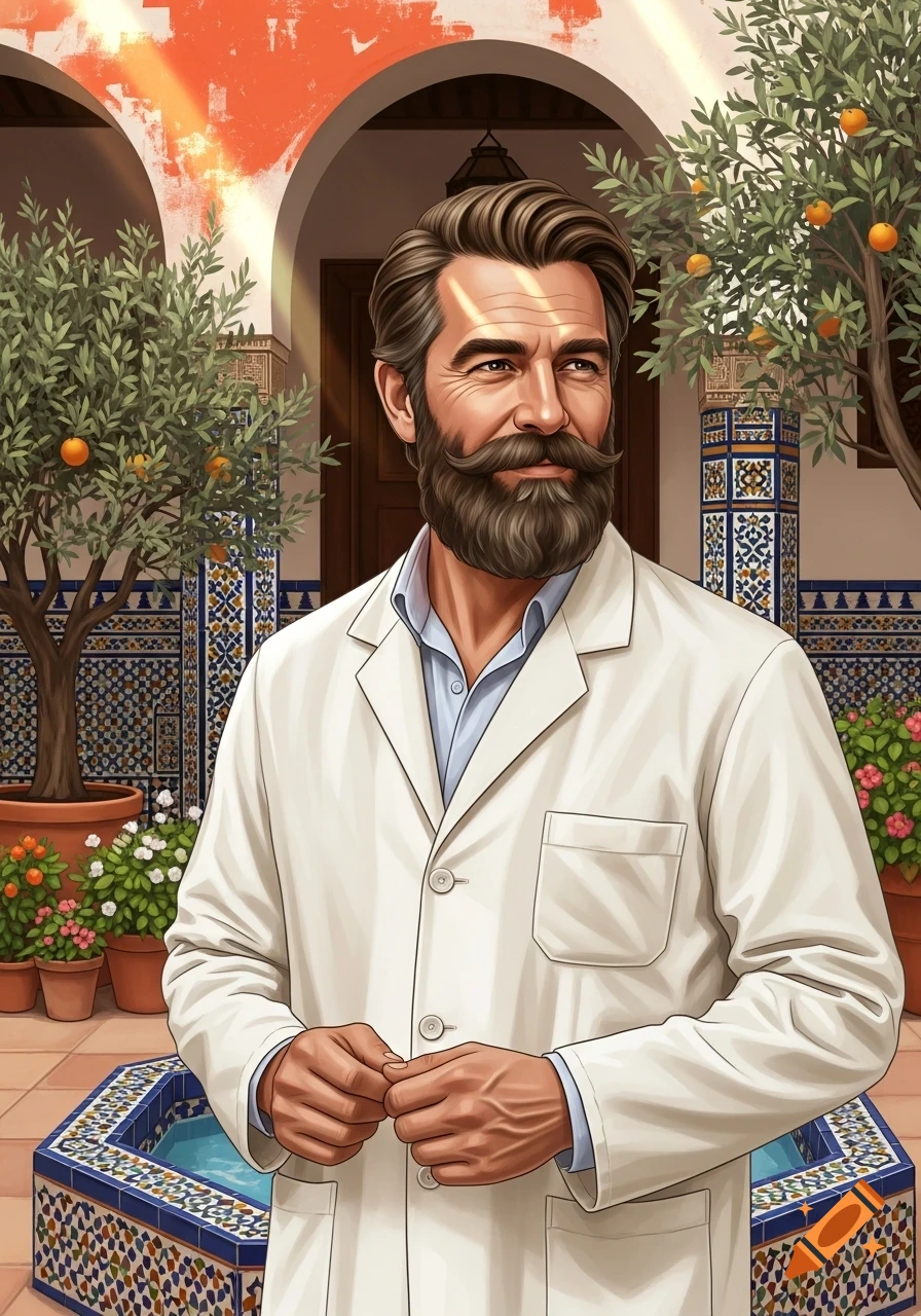 A digitally illustrated bearded man in a white lab coat stands in a sunny, tiled Spanish courtyard with orange trees and a fountain.