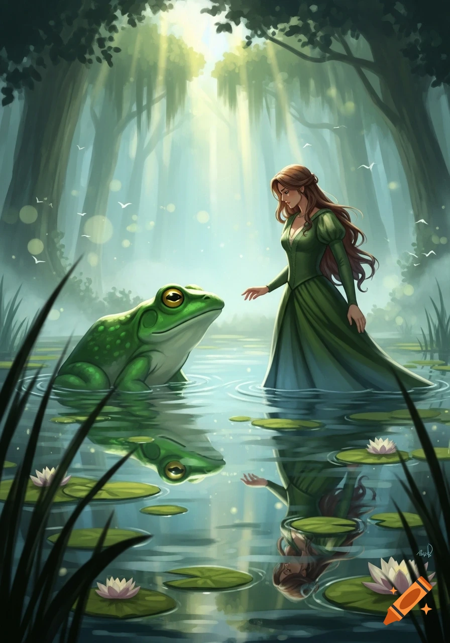 An illustrative image of a woman in a green dress reaching towards a large frog in a glowing forest pond with lily pads.