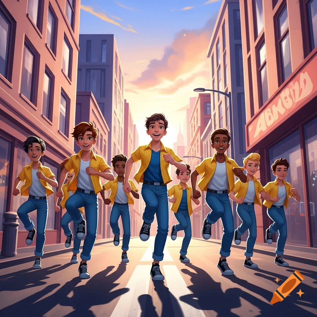 A group of cheerful cartoon boys in yellow shirts and blue jeans run in sync down a city street at sunset.