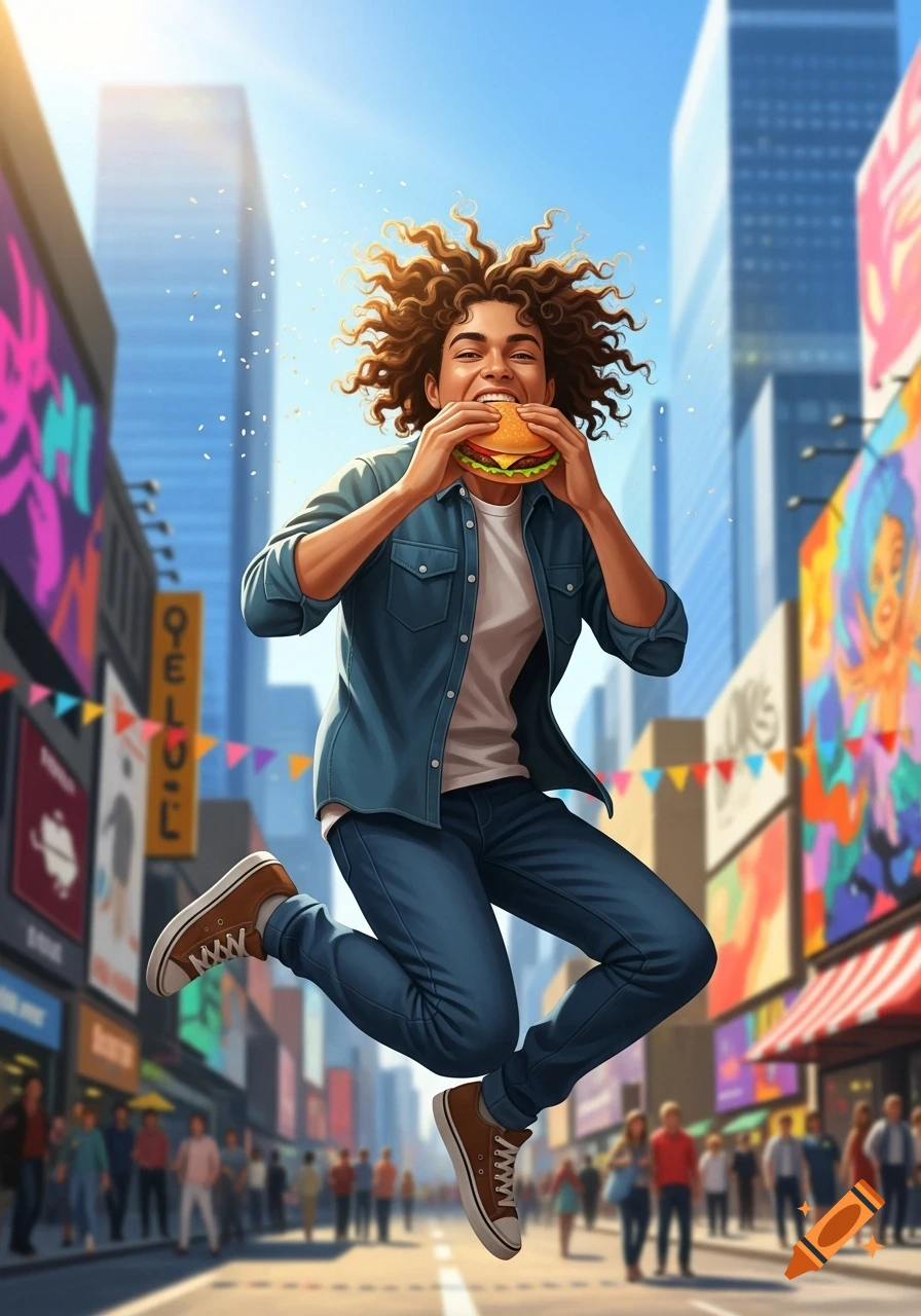 A vibrant illustration of a young person with curly hair jumping happily in a city street, eating a hamburger.